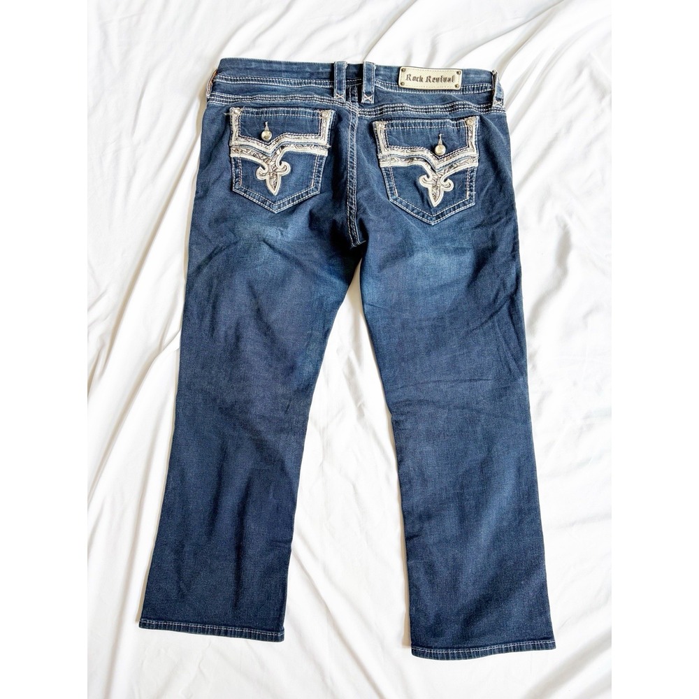 Rock Revival Betty Crop Jeans Dark Wash Contrast Stitch Rhinestone Size 34